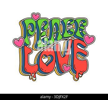 Dessin animé groovy hippie lettrage paix signe d'amour Illustration de Vecteur