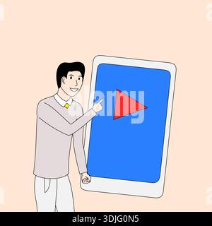 L'homme pointe sur l'icône de lecture à l'écran. L'écran est une tablette ou un téléphone. L'homme sourit et il est excité par quelque chose. Concept d'enthus Illustration de Vecteur
