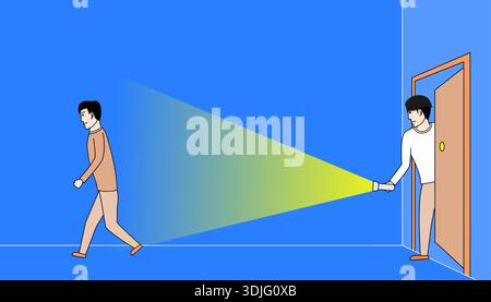 L'homme s'éloigne d'une porte. L'homme tient la lampe de poche dans sa main droite et la lumière brille sur la porte Illustration de Vecteur