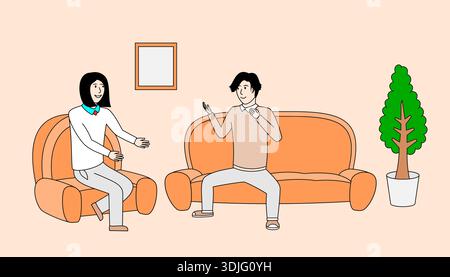 Un homme et une femme sont assis sur un canapé dans un salon. L'homme joue à un jeu vidéo pendant que la femme regarde. La scène est détendue et décontractée, comme le Illustration de Vecteur