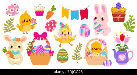 Lapin de Pâques, poussin et œufs colorés éléments de bande dessinée, fleurs de printemps dans le panier, bouquet dans l'arrosoir ou la théière. Ensemble d'illustration vectorielle mignon, animaux de bébé drôles pour un design festif heureux Illustration de Vecteur
