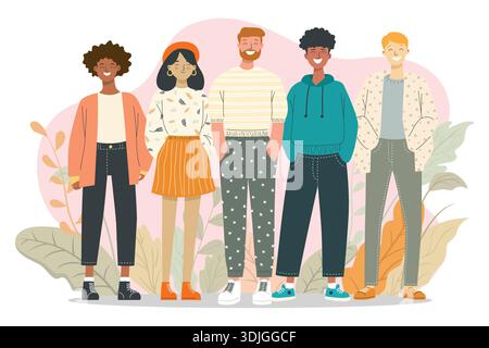 Groupe de jeunes gens divers debout ensemble et souriant. Illustration de Vecteur