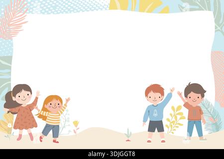 Groupe d'enfants heureux agitant devant un cadre vierge. Illustration de Vecteur