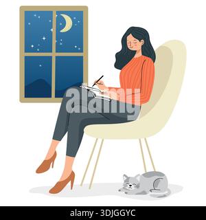 Femme écrivant dans un cahier par fenêtre avec lune et chat. Illustration de Vecteur