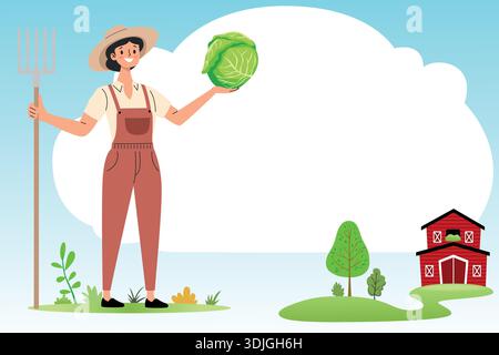 Fermière souriante tenant chou et fourche près de la grange rouge. Illustration de Vecteur