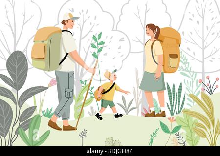 Randonnée familiale à travers la forêt avec sacs à dos. Illustration de Vecteur
