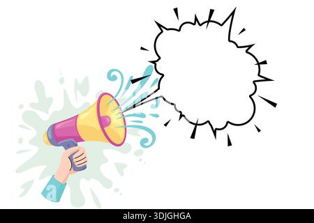 Main tenant un mégaphone coloré avec une bulle de bande dessinée vide. Illustration de Vecteur