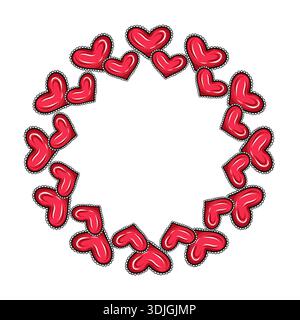 Cadre circulaire en coeurs rouges brillants avec contour décoratif. Illustration vectorielle romantique bordure de couronne Illustration de Vecteur