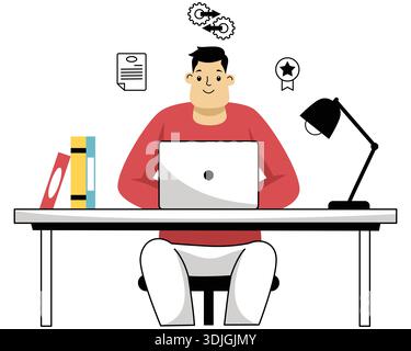 Homme assis au bureau travaillant sur un ordinateur portable avec des icônes de processus. Illustration de Vecteur