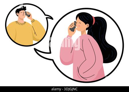 Homme et femme communiquant via smartphone dans des bulles de parole. Illustration de Vecteur