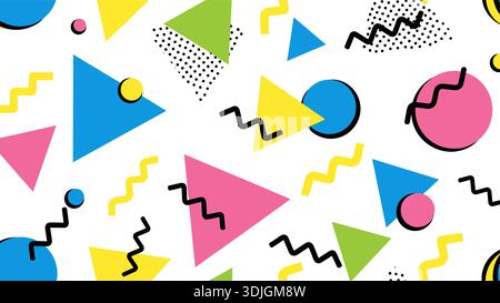 Motif sans couture coloré de style Memphis des années 90, illustration vectorielle plate de fond abstrait géométrique Illustration de Vecteur