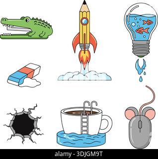 Ensemble créatif de masquage d'objets surréalistes, illustration vectorielle plate d'icônes de bureau et de style de vie originales Illustration de Vecteur