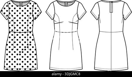 Illustration vectorielle plate à pois pour femmes, croquis techniques de mode vue avant et arrière Illustration de Vecteur