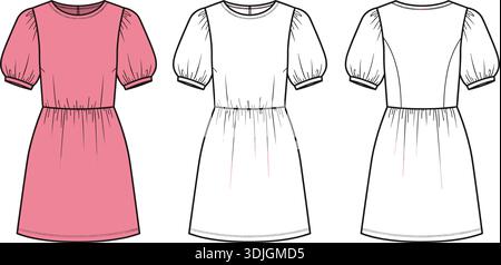 Mini robe à manches bouffantes pour femmes illustration vectorielle plate, croquis technique de mode vue avant et arrière Illustration de Vecteur