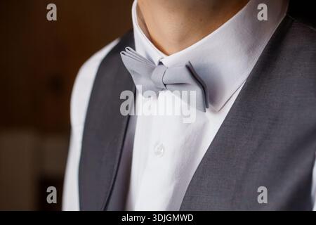 Gros plan d'un homme portant une chemise blanche impeccable, un noeud papillon gris et un gilet assorti, mettant en valeur des vêtements formels raffinés adaptés aux mariages, galas, ou Banque D'Images