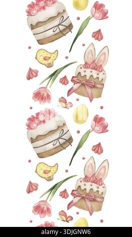 Aquarelle dessinée à la main Pâques frontière verticale sans couture avec des gâteaux, des tulipes roses, des oiseaux jaunes et des œufs. Beau motif répétitif de ressort peint à la main Banque D'Images