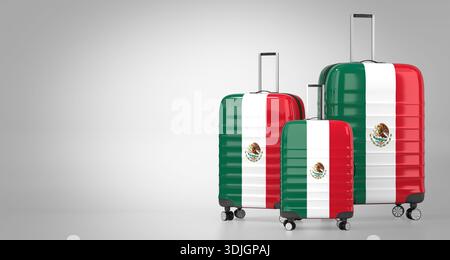 Mexique - trois valises de voyage avec drapeaux nationaux - illustration 3D. Banque D'Images