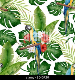 Aquarelle sans couture motif tropical avec perroquets, fleurs d'hibiscus et monstera luxuriante, feuilles de palmier et de banane sur fond blanc, parfait pour le tissu, le papier peint, l'emballage, la papeterie et la conception estivale Banque D'Images