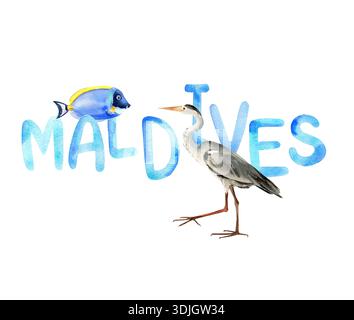 Aquarelle bleu inscription à la main Maldives, poissons tropicaux brillants, héron gris, animaux tropicaux des îles de l'océan Indien, sauvage sous-marin Banque D'Images