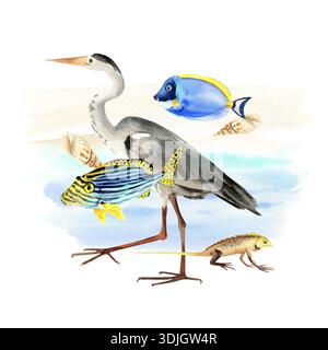 aquarelle poissons tropicaux, héron gris, lézard, coquille contre éclaboussure bleue, animaux sous-marins brillants dessinés à la main, oiseau, reptile, faune des îles de Banque D'Images