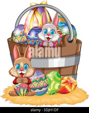 Illustration vectorielle de dessin animé de deux lapins heureux avec des œufs à motifs vibrants et un seau en bois Illustration de Vecteur