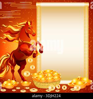 Illustration vectorielle carrée du nouvel an chinois avec cheval de feu, yuanbao doré et pièces de monnaie et espace vide pour le texte Illustration de Vecteur