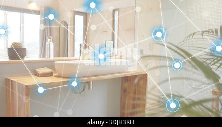 Mettant en vedette l'évier ovale blanc assis sur le meuble-lavabo en bois naturel dans la salle de bains, avec superposition numérique Banque D'Images