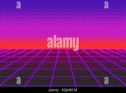 Fond de grille laser rétro-futurisme ultraviolet dans l'art pixel (entièrement éditable) Illustration de Vecteur