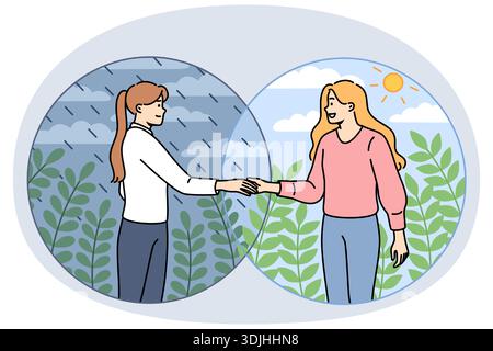 Femme aide l'ami à se débarrasser de la dépression en étendant la main à la fille debout sous la pluie et invitant à l'endroit ensoleillé. Aide et entraide entre les personnes manifestées par l'empathie et la complaisance Illustration de Vecteur