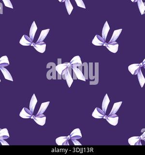 Motif aquarelle sans couture avec des noeuds lilas sur un fond violet. Modèle romantique avec des arcs peints pour le tissu, papier peint, emballage, scrapbooking Banque D'Images