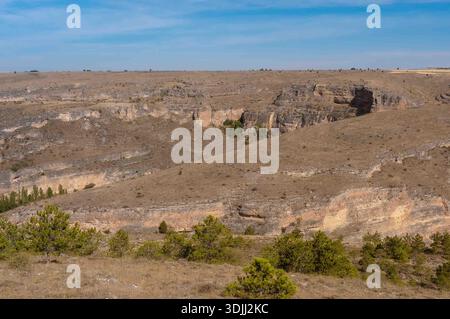 Un paysage stérile et rocheux avec quelques arbres éparpillés. Le ciel est clair et bleu, et le soleil brille. La scène est paisible et Ser Banque D'Images