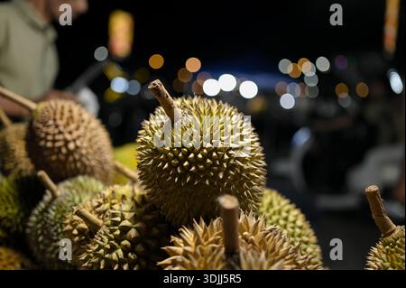 Street food fruits frais du durian local à Aceh, Indonésie, vendus sur le bord de la route la nuit. Banque D'Images