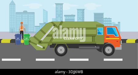 Concept de ville propre à Mumbai, en Inde, montrant des poubelles à code couleur promouvant la propreté, la séparation des déchets, le recyclage et la sensibilisation à Swachh Bharat. Illustration de Vecteur