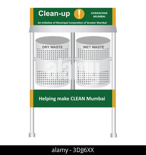 Concept de ville propre à Mumbai, en Inde, montrant des poubelles à code couleur promouvant la propreté, la séparation des déchets, le recyclage et la sensibilisation à Swachh Bharat. Illustration de Vecteur