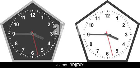 Deux horloges murales analogiques modernes en forme de pentagone dans des styles noir et blanc, montrant l'heure clairement avec des chiffres gras, idéales pour le design et les concepts de décoration. Illustration de Vecteur
