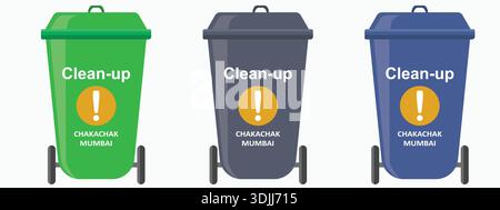 Concept de ville propre à Mumbai, en Inde, montrant des poubelles à code couleur promouvant la propreté, la séparation des déchets, le recyclage et la sensibilisation à Swachh Bharat. Illustration de Vecteur