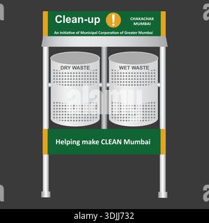 Concept de ville propre à Mumbai, en Inde, montrant des poubelles à code couleur promouvant la propreté, la séparation des déchets, le recyclage et la sensibilisation à Swachh Bharat. Illustration de Vecteur