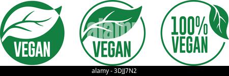 Jeu vectoriel d'étiquettes et de badges alimentaires végétaliens et 100% végétaliens – icônes de certification à base de plantes Illustration de Vecteur