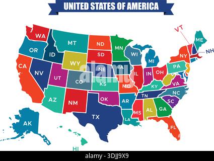 Carte des États-Unis avec abréviations d'État – carte vectorielle haute résolution des États-Unis d'Amérique. Illustration de Vecteur