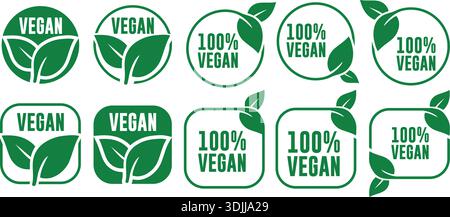 Jeu vectoriel d'étiquettes et de badges alimentaires végétaliens et 100% végétaliens – icônes de certification à base de plantes Illustration de Vecteur
