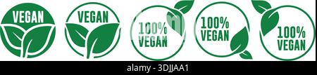 Jeu vectoriel d'étiquettes et de badges alimentaires végétaliens et 100% végétaliens – icônes de certification à base de plantes Illustration de Vecteur