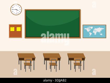Intérieur de salle de classe vide avec tableau noir vert, horloge murale, carte du monde et bureaux d'étudiants soigneusement disposés. Illustration de Vecteur