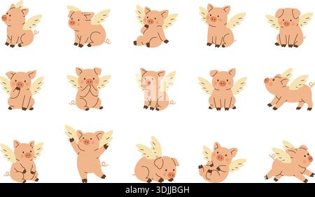 Ensemble de porcelets volants avec des ailes dans différentes poses. Collection vectorielle de dessin animé Cute Fantasy Pig pour les enfants, l'art fantaisiste et les conceptions de ferme ludiques Illustration de Vecteur