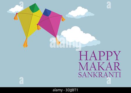 Cerfs-volants colorés volant dans un ciel bleu et le texte « Happy Makar Sankranti », symbolisant la joie, la célébration et la fête traditionnelle de la moisson indienne. Illustration de Vecteur