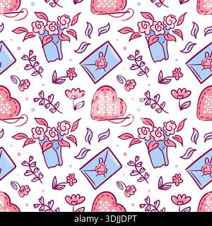 Une illustration vectorielle délicate de motifs de bouquet inspirés de la broderie, entrelacés avec des lettres et des fleurs dans un motif de doodle sans couture pour la décoration Illustration de Vecteur