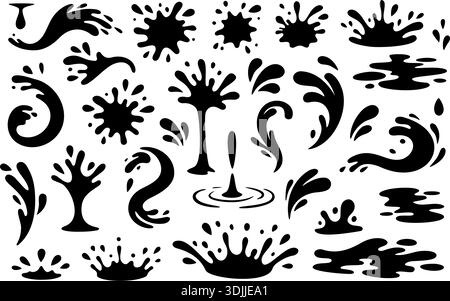 Ensemble noir d'éclaboussures et de gouttes d'eau. Collection Fluid Shapes pour les arrière-plans abstraits, la décoration, le design et les symboles Illustration de Vecteur