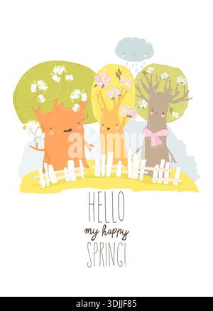 Arbres en fleurs printanières de dessins animés. Bonne saison Illustration de Vecteur