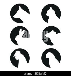 silhouettes blanches d'animaux dans un cercle noir Illustration de Vecteur
