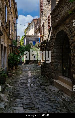 Étroite ruelle pavée dans le centre historique de Grožnjan avec des maisons traditionnelles en pierre et des plantes vertes sous un ciel bleu. Banque D'Images