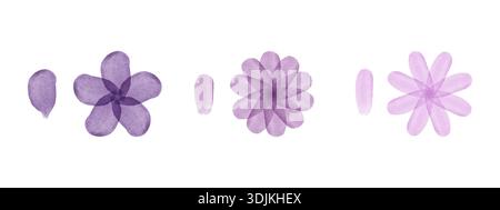 Des motifs de fleurs d'aquarelle dans diverses nuances violettes apparaissent avec des pétales individuels. Trois formes florales distinctes reposent horizontalement sur un fond blanc propre, créant un affichage artistique doux. Illustration de Vecteur